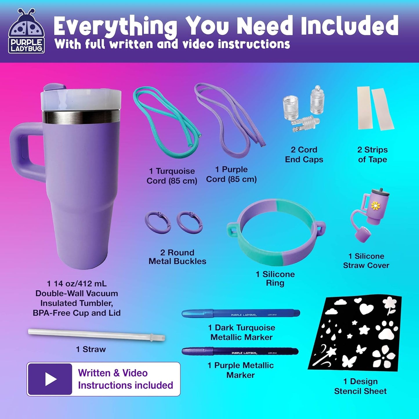 DIY Kids Tumbler with Straw and Lid - 14oz Insulated Stainless Steel Tumbler for Girls
