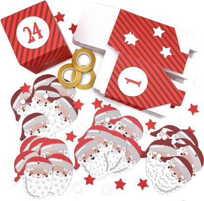 DIY Christmas advent calendar kit featuring festive boxes, Santa decorations and stars for holiday fun