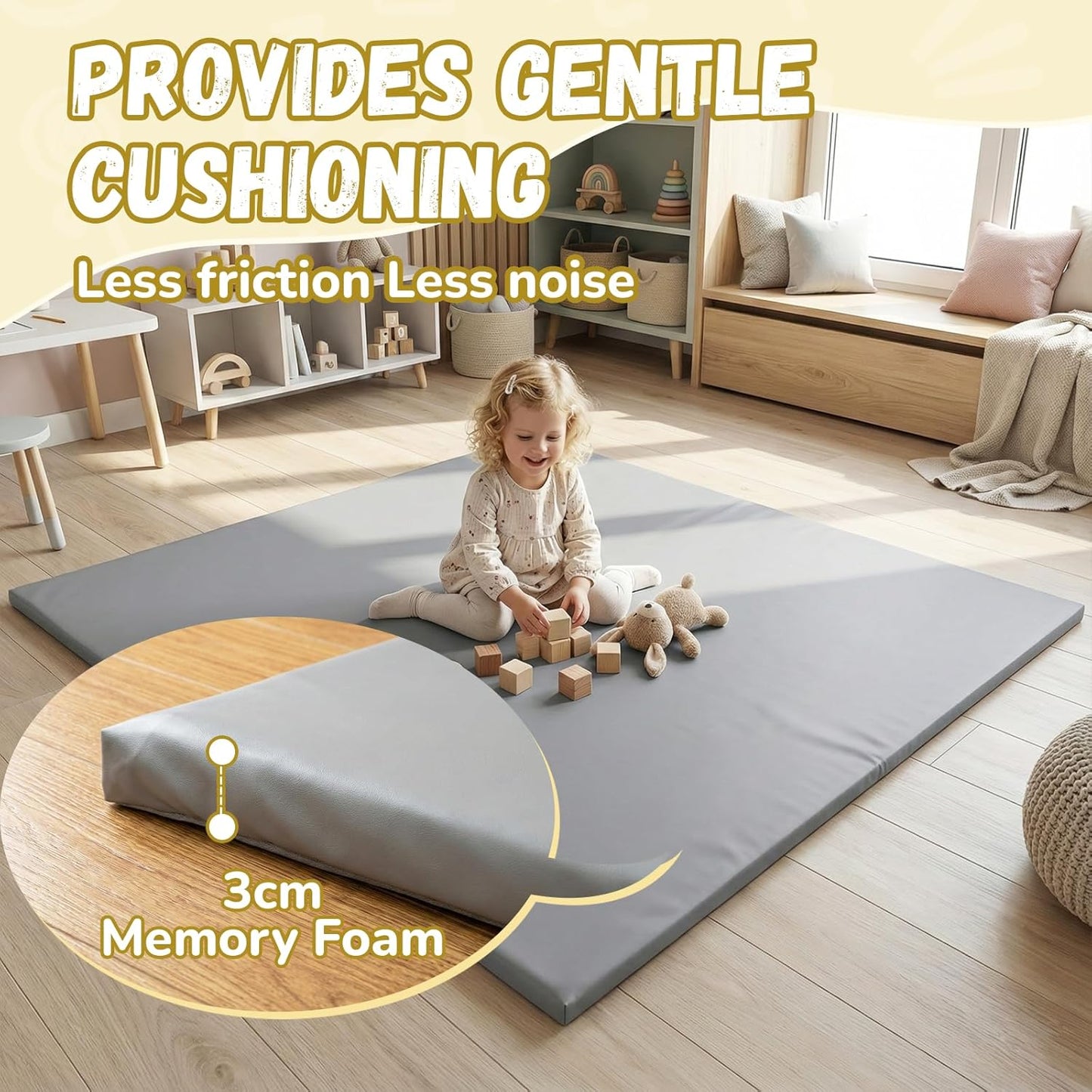 Dual-Sided Play Mat for Kids, Waterproof Faux Leather One Side, Ultra-Soft Synthetic Velvet the Other, 3cm Memory Foam Detachable Playpen Mat, 150×150cm Crawling Nursery Carpet for Floor, Grey Visit the jxgzyy Store