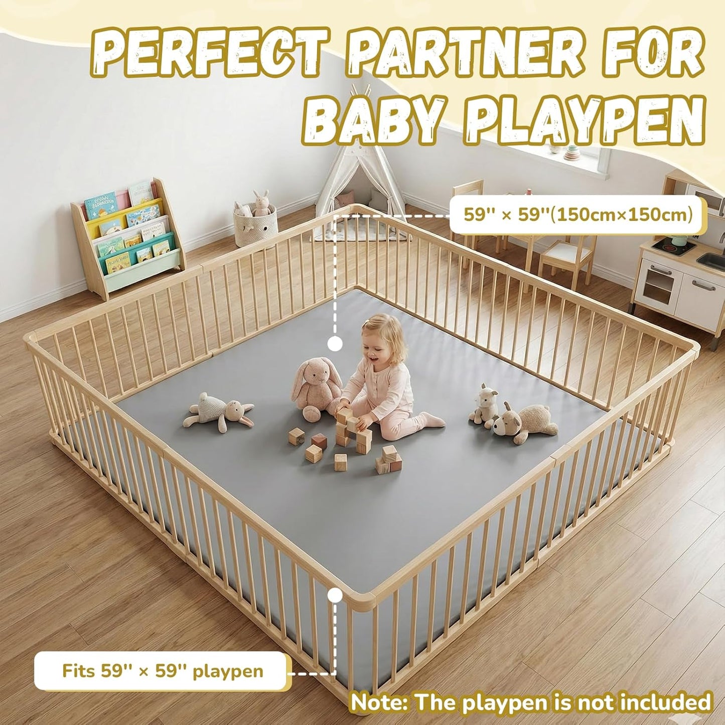 Dual-Sided Play Mat for Kids, Waterproof Faux Leather One Side, Ultra-Soft Synthetic Velvet the Other, 3cm Memory Foam Detachable Playpen Mat, 150×150cm Crawling Nursery Carpet for Floor, Grey Visit the jxgzyy Store