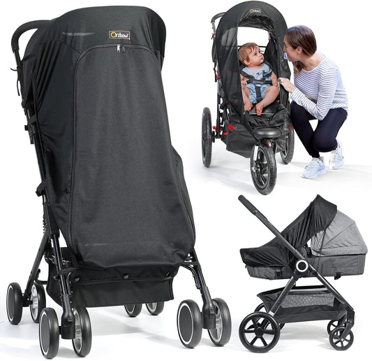 Orzbow Universal Pram Sun Shade, Sun Shade for Pram with Zip Window, Black | Breathable Stroller Sun Shade with PES Woven Fabric, Blackout Blind Pushchair Sun Shade Cover