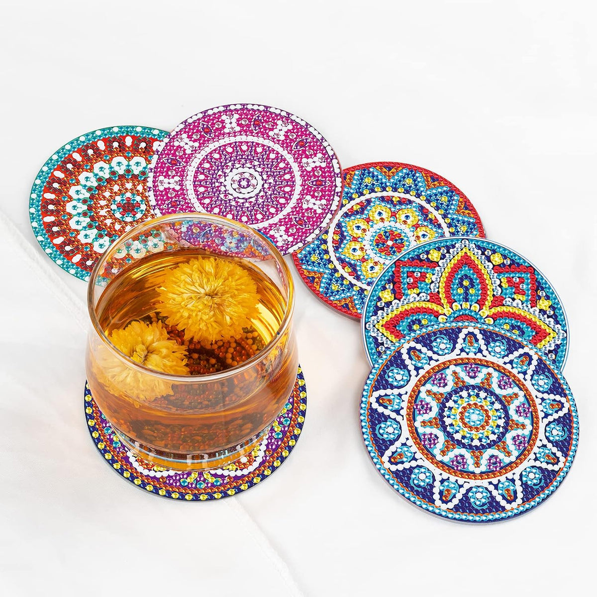 9 Pcs Diamond Art Coasters - DIY Mandala Diamond Painting Round Cup Coasters Kits Accessories with Holder for Beginners, Kids & Adults