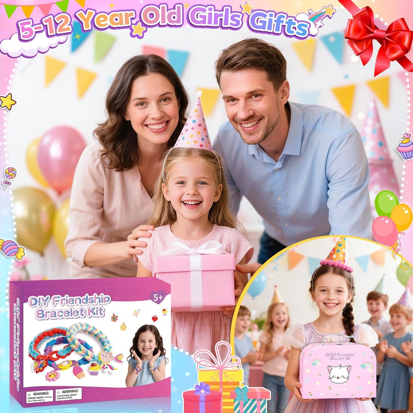 Arts and Crafts for Kids, Friendship Bracelet Making Kit Girls Birthday Presents 5 6 7 8 9 10 Year Old Girls Gifts Kids Craft Set Cotton Rainbow Loom Band Kit with Charms Toys