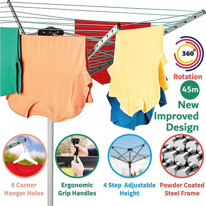 Rotary Airer Clothes Line With 4 Arms For Drying Washing Outdoors Folding Washing Line With Free Ground Spike and Cover (45m)