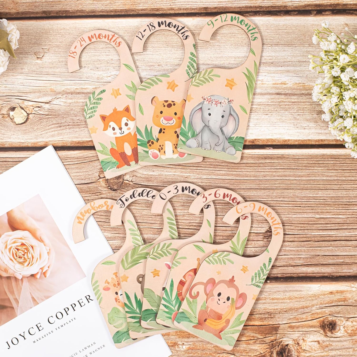 Vinuwu Wooden baby wardrobe dividers with cute animal designs and age labels for organised storage