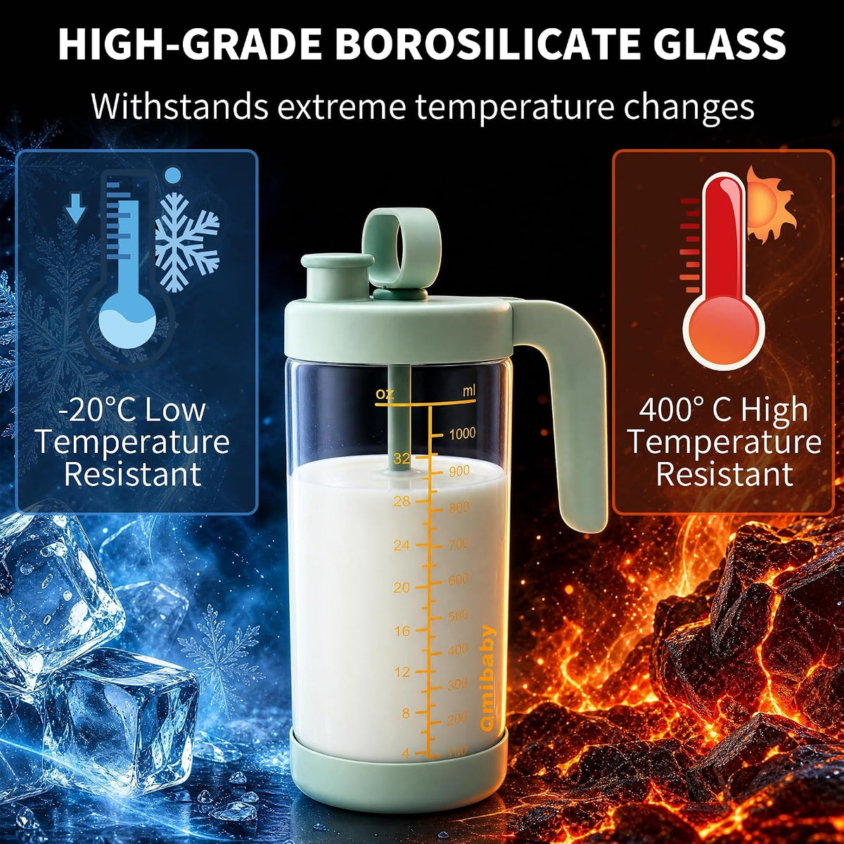 Borosilicate Glass Formula Mixing Pitcher – 32oz Mixing Capacity, Dishwasher-Safe, BPA-Free Lid, Perfect for Breastmilk Pitcher Method & Multi-Baby Feeding Green