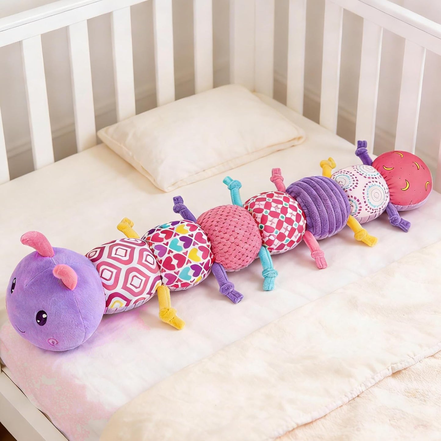 Baby Infant Caterpillar Musical Stuffed Animal Soft Toy with Multi-Sensory Crinkle, Rattle and Textures, Baby Girl Toy Birthday Gift for 0 3 6 9 12 Months+