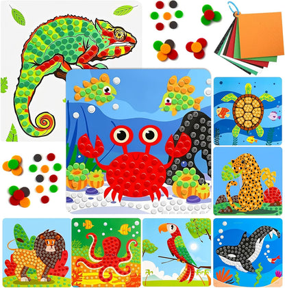 Mosaic Sticker Art Kit for Kids Age 3+, 8 Pack Ocean & Animal Crafts, Foam Mosaic Kits for Children, Peel and Stick DIY Art Set, Travel Activity Toy for Toddlers Boys Girls