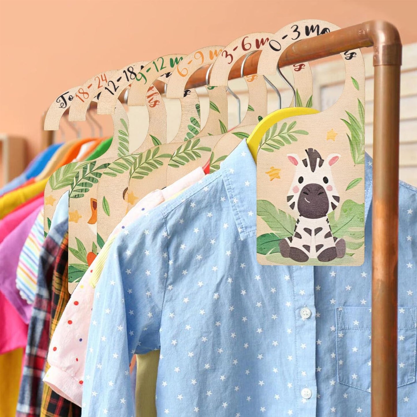 Vinuwu wooden baby wardrobe dividers featuring playful animal designs for organised clothing storage