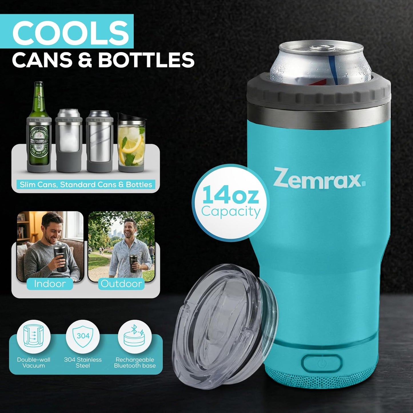 Can Cooler - 4 in 1 Double Insulated Can & Bottle Chiller | Stainless Steel Drink Tumbler | Beverage Holder with Bluetooth Speaker | Portable Beer Cooler | Gifts for Men