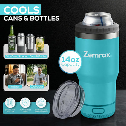 Can Cooler - 4 in 1 Double Insulated Can & Bottle Chiller | Stainless Steel Drink Tumbler | Beverage Holder with Bluetooth Speaker | Portable Beer Cooler | Gifts for Men