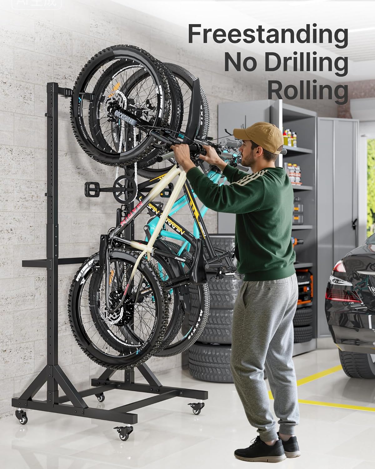 monTEK Freestanding Bike Stand for 3 Bikes & 4 Helmets, Heavy Duty Steel Bike Stroage Rack with Wheels, Adjustable Height, Mobile Bike Floor Stand for Indoor & Garage, Holds up to 95kg