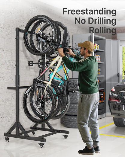 monTEK Freestanding Bike Stand for 3 Bikes & 4 Helmets, Heavy Duty Steel Bike Stroage Rack with Wheels, Adjustable Height, Mobile Bike Floor Stand for Indoor & Garage, Holds up to 95kg