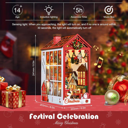 Book Nook, Christmas Miniature House Kit, 3D Puzzle Bookshelf Decoration with LED Light Dollhouse Gift Booknook Kit for Adults