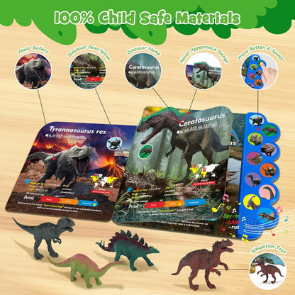 Dinosaur Toys with Sounds Book, 10PCS Dino Figures for Toddlers & Animal Sounds Book with 10 Buttons, Realistic Plastic Animal Figures, Dinosaur Toys for Kids 3-5, Gifts for Dinosaurs Lover