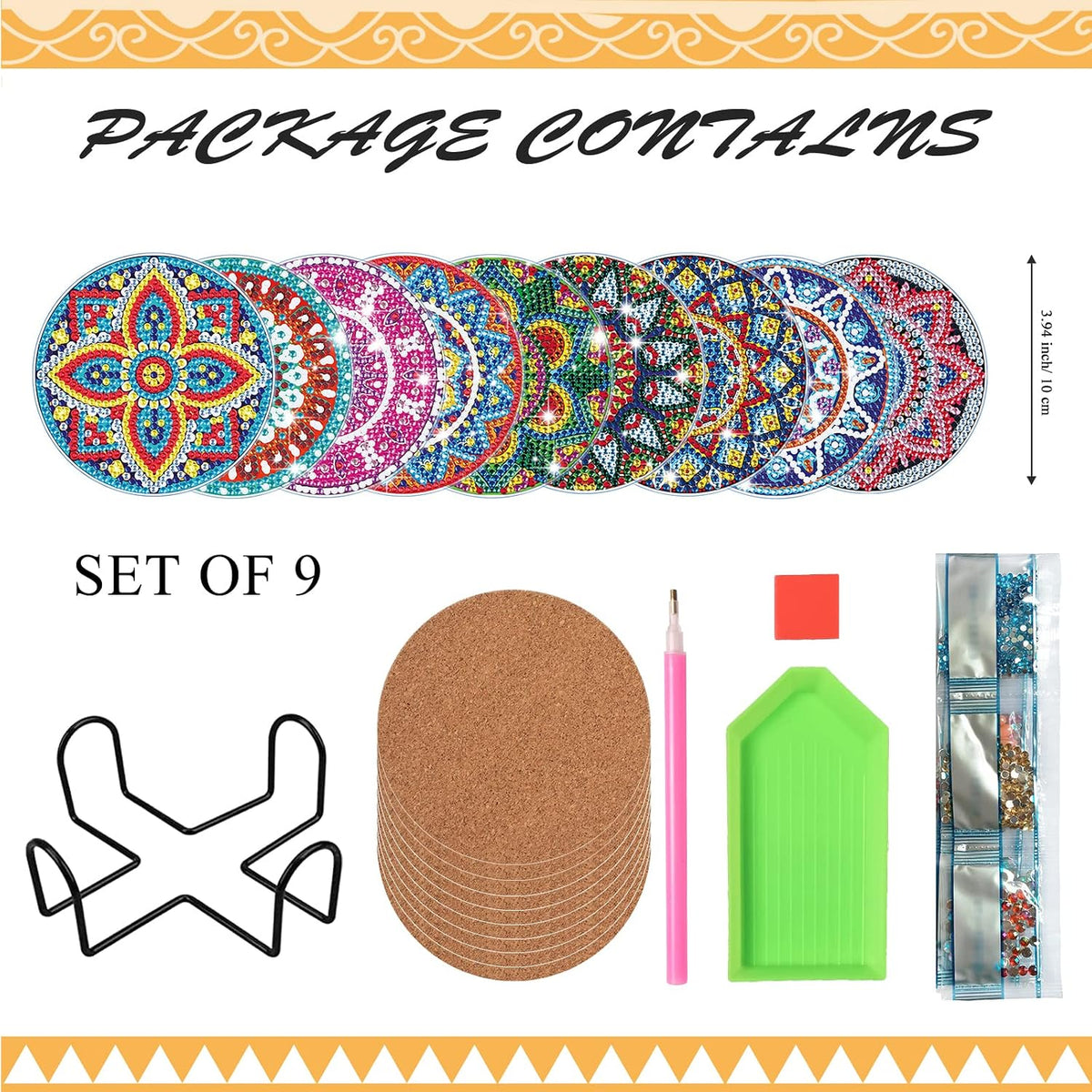 9 Pcs Diamond Art Coasters - DIY Mandala Diamond Painting Round Cup Coasters Kits Accessories with Holder for Beginners, Kids & Adults