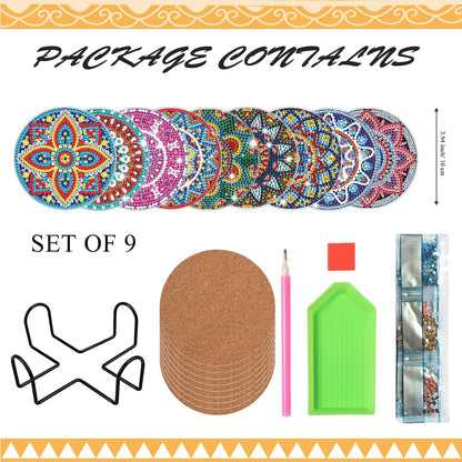 9 Pcs Diamond Art Coasters - DIY Mandala Diamond Painting Round Cup Coasters Kits Accessories with Holder for Beginners, Kids & Adults