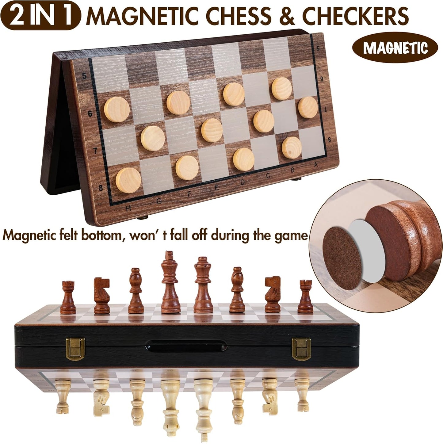 2 in 1 Magnetic Wooden Chess Set & Checkers Board Game