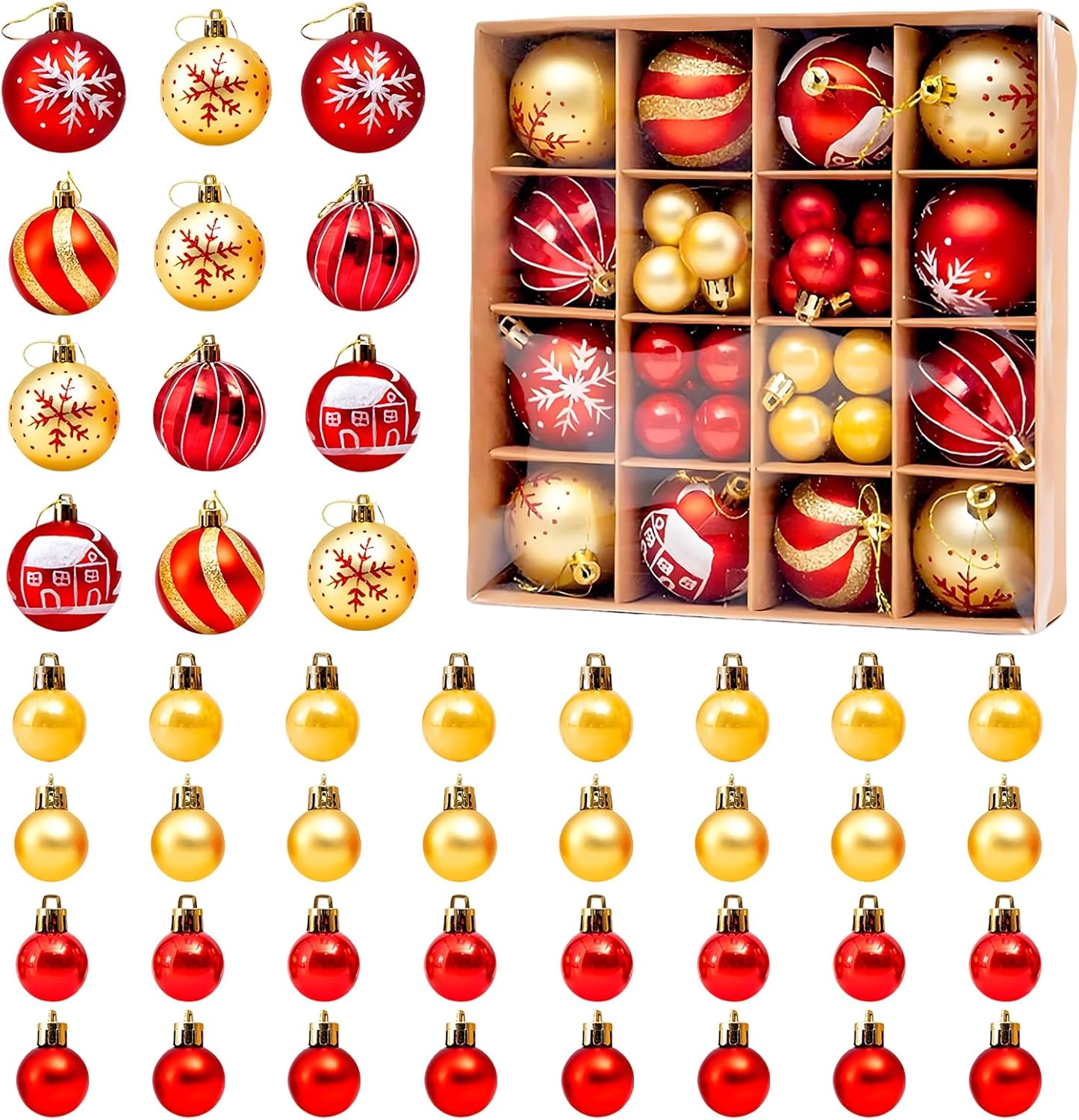 44 Pcs Red and Gold Baubles, Shatterproof Baubles for 2026 Happy New Year, Red Tree Decorations Set with Hanging Ornaments for Xmas Holiday Home Party Decoration