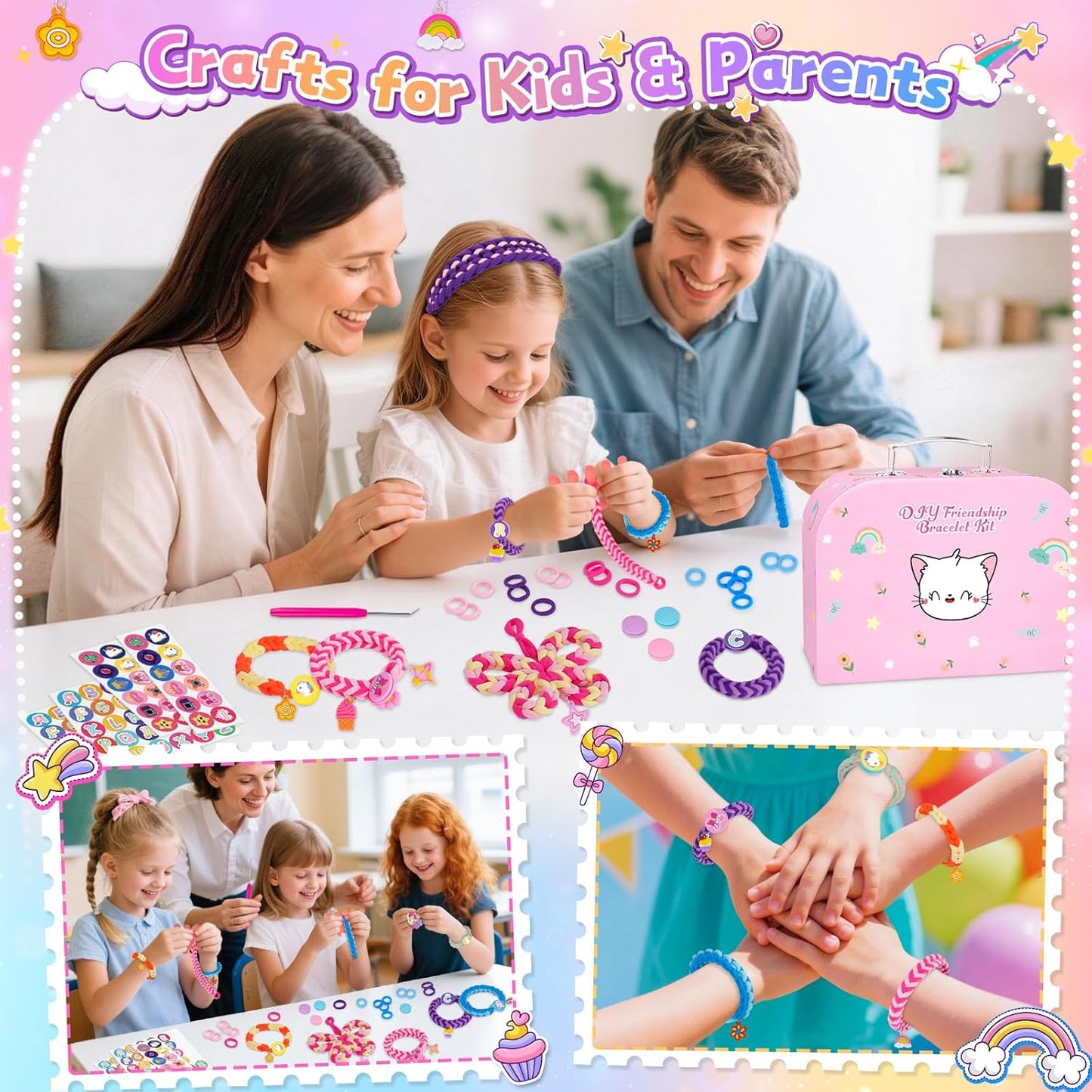 Arts and Crafts for Kids, Friendship Bracelet Making Kit Girls Birthday Presents 5 6 7 8 9 10 Year Old Girls Gifts Kids Craft Set Cotton Rainbow Loom Band Kit with Charms Toys