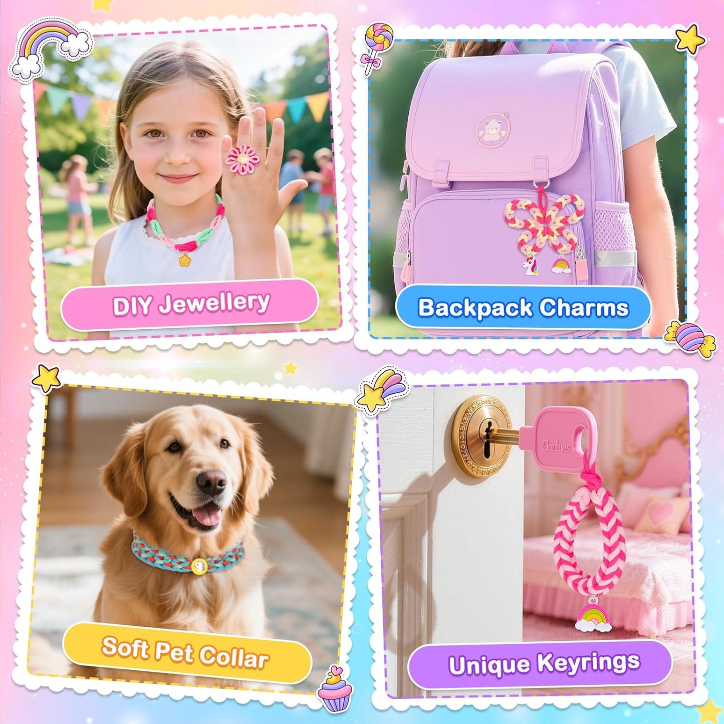 Arts and Crafts for Kids, Friendship Bracelet Making Kit Girls Birthday Presents 5 6 7 8 9 10 Year Old Girls Gifts Kids Craft Set Cotton Rainbow Loom Band Kit with Charms Toys