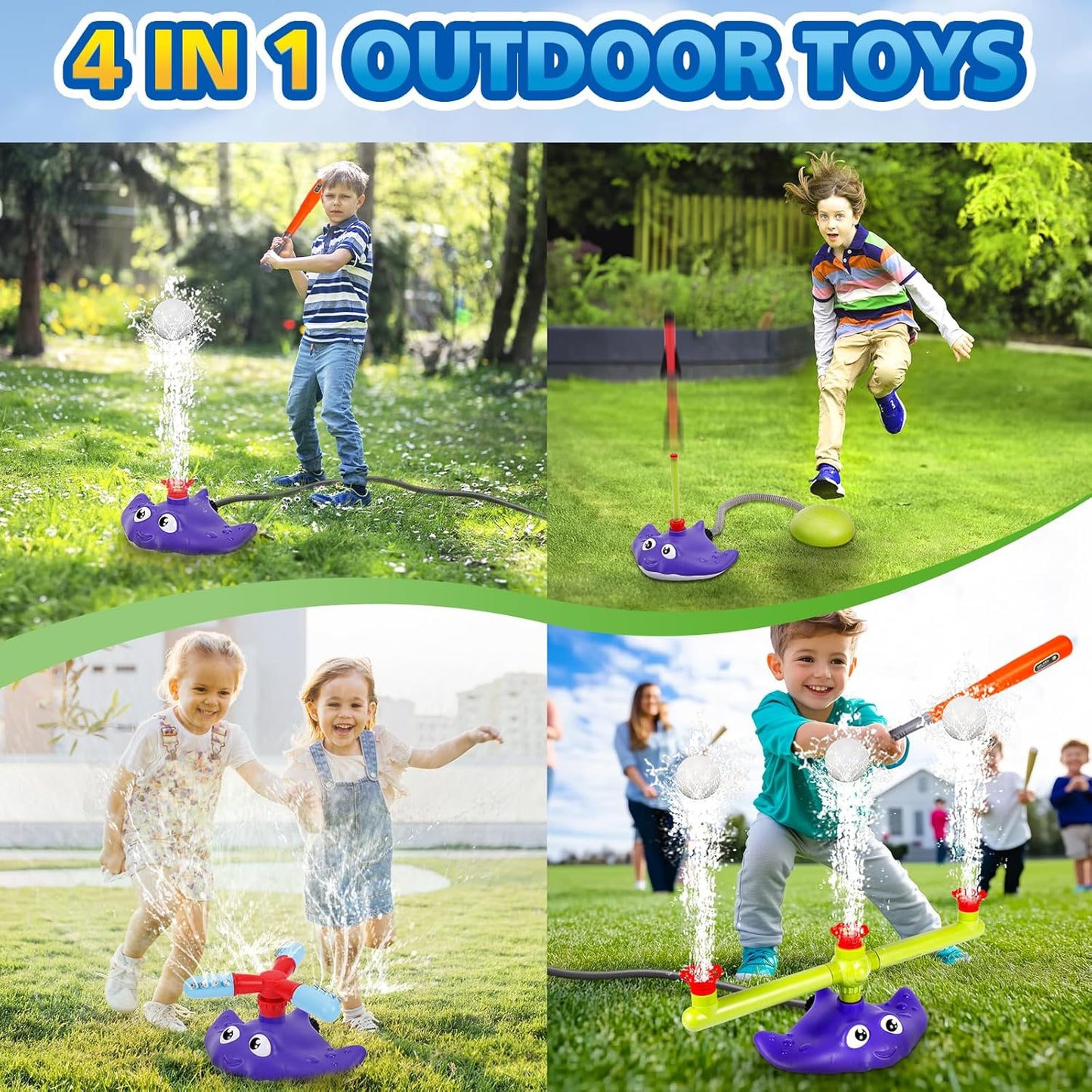 4-in-1 Water Sprinkler Baseball & Rocket Launcher for Kids