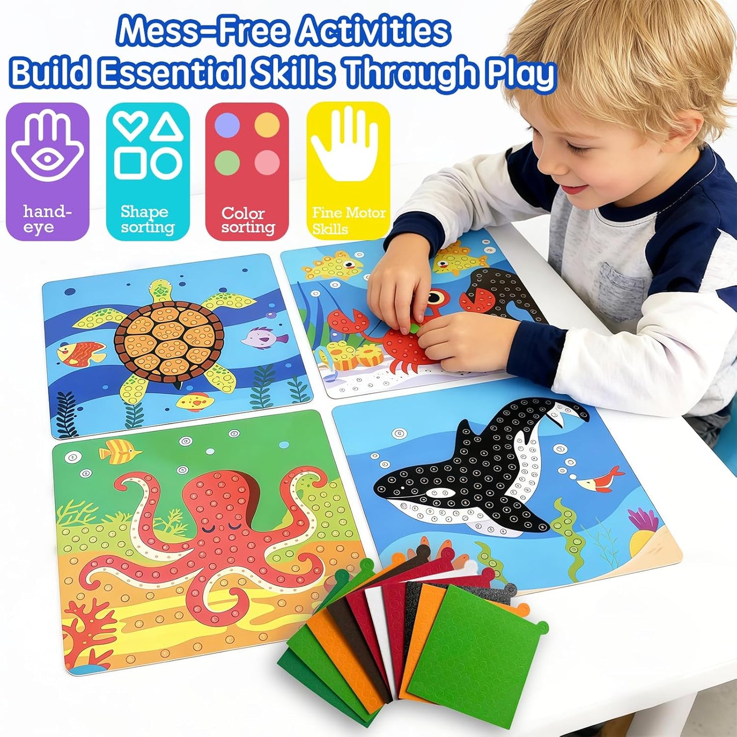 Mosaic Sticker Art Kit for Kids Age 3+, 8 Pack Ocean & Animal Crafts, Foam Mosaic Kits for Children, Peel and Stick DIY Art Set, Travel Activity Toy for Toddlers Boys Girls