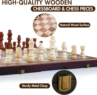 2 in 1 Magnetic Wooden Chess Set & Checkers Board Game