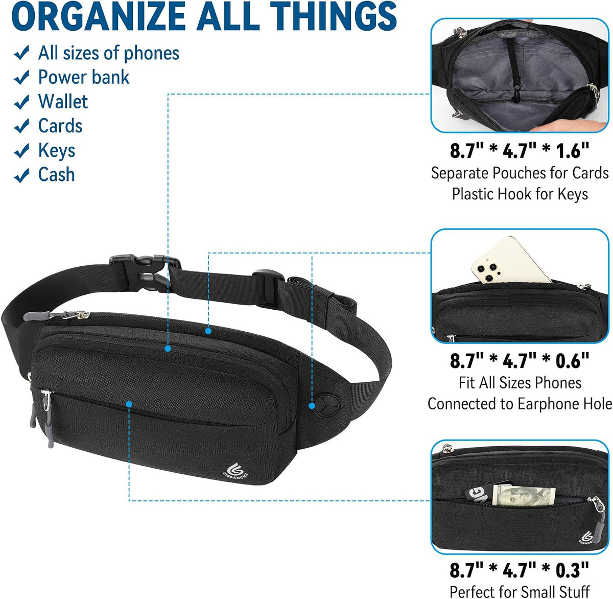 Gisdanchz Bumbags with Extender for Women Men, Lightweight Slim Waist Bag Fanny Pack for Travel Walking Running Jogging