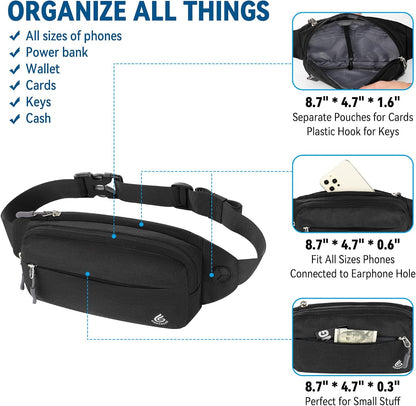 Gisdanchz Bumbags with Extender for Women Men, Lightweight Slim Waist Bag Fanny Pack for Travel Walking Running Jogging