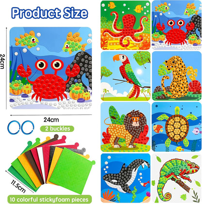 Mosaic Sticker Art Kit for Kids Age 3+, 8 Pack Ocean & Animal Crafts, Foam Mosaic Kits for Children, Peel and Stick DIY Art Set, Travel Activity Toy for Toddlers Boys Girls