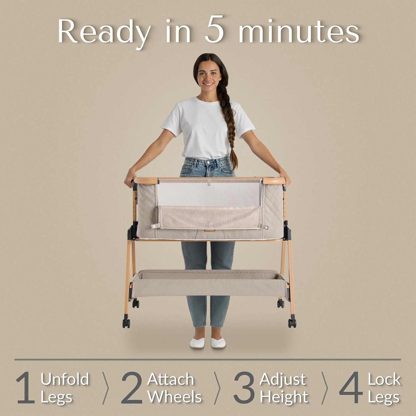 SnooBee Next To Me Bedside Crib & Baby Co-Sleeper – 6 Height Levels, Wheels, Quilted Mattress, Breathable Mesh Sides with Mosquito Net, Foldable Baby Cot with Carry Bag (0–6 Months) - Khaki/Pine