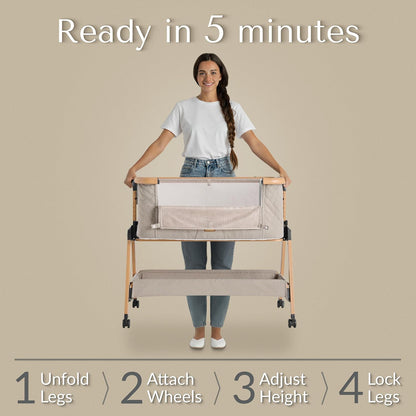 SnooBee Next To Me Bedside Crib & Baby Co-Sleeper – 6 Height Levels, Wheels, Quilted Mattress, Breathable Mesh Sides with Mosquito Net, Foldable Baby Cot with Carry Bag (0–6 Months) - Khaki/Pine