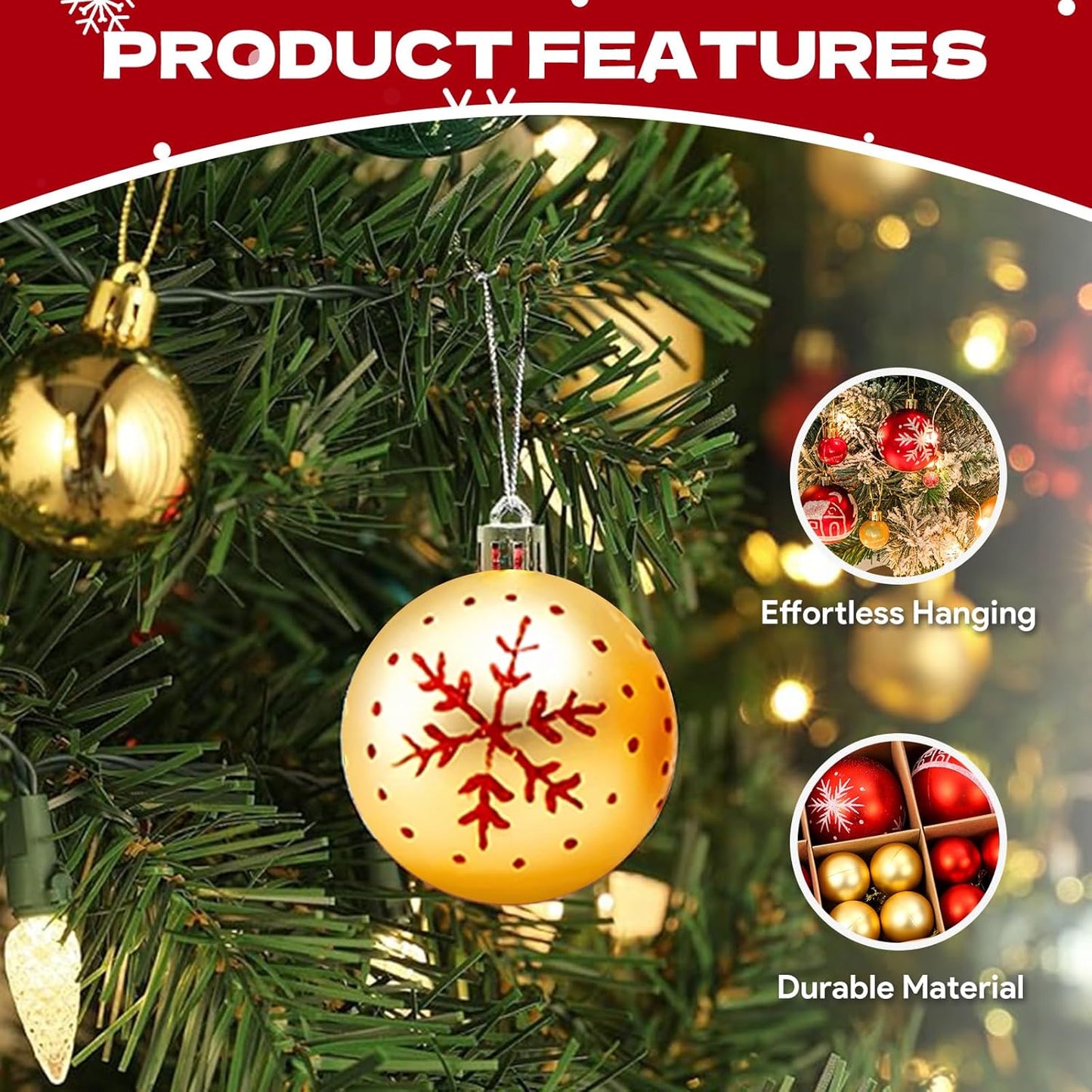 44 Pcs Red and Gold Baubles, Shatterproof Baubles for 2026 Happy New Year, Red Tree Decorations Set with Hanging Ornaments for Xmas Holiday Home Party Decoration