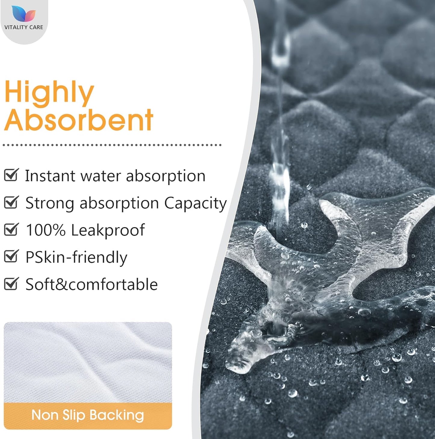 Vitality Care Chair Protector Pad with Waterproof Backing and Non-Slip Base, Washable 4-Layer Design for Chairs and Wheelchairs, Blue, 53x56cm NEW - DAMAGED PACKAGING