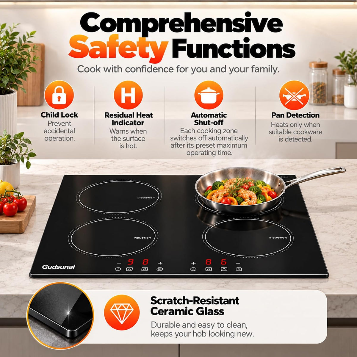 Plug in Induction Hob,4 Zone Electric Hob,Scratch-Resistant Glass