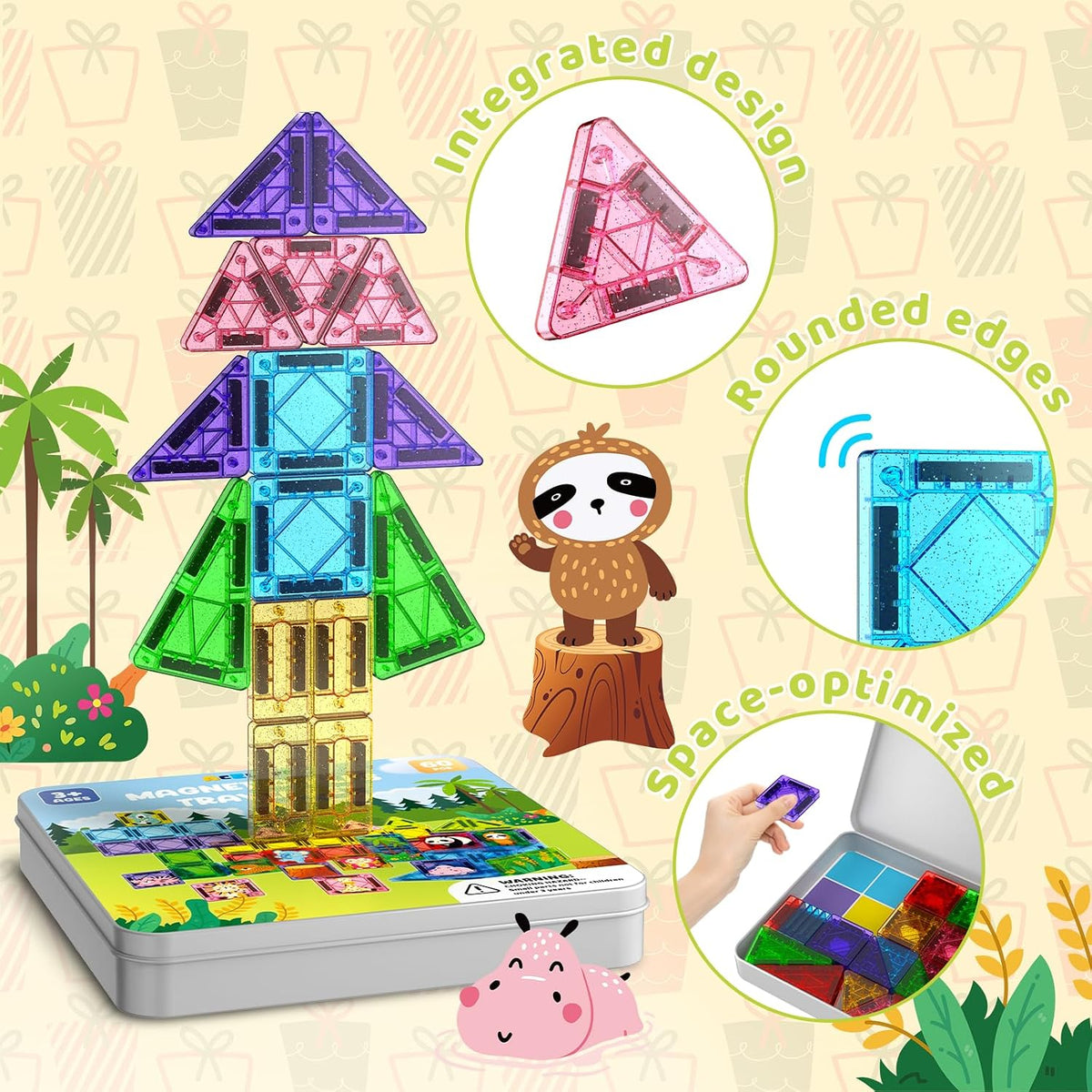 ACELIFE Magnetic Tiles 60Pcs, Animal Jungle Magnetic Travel Toy for Kids, Montessori Portable STEM Mini Magnetic Tiles Travel Set Birthday Gift for Boys Girls Ages 3-8