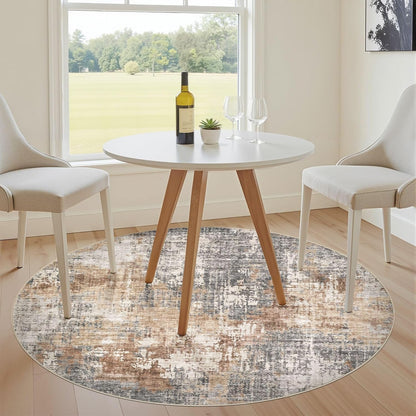 DMOYEST Round Rugs Living Room 135x135cm Washable Abstract Grey Brown