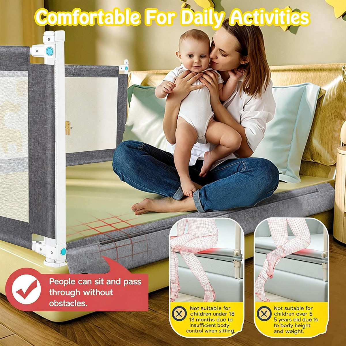 1.5M Bed Guard Bed Rails for Toddler Baby Bed Side Safety Rails for Children Kids, Extra Tall Bed Guard Rail for Single Double King Size Bed, Adjustable Height