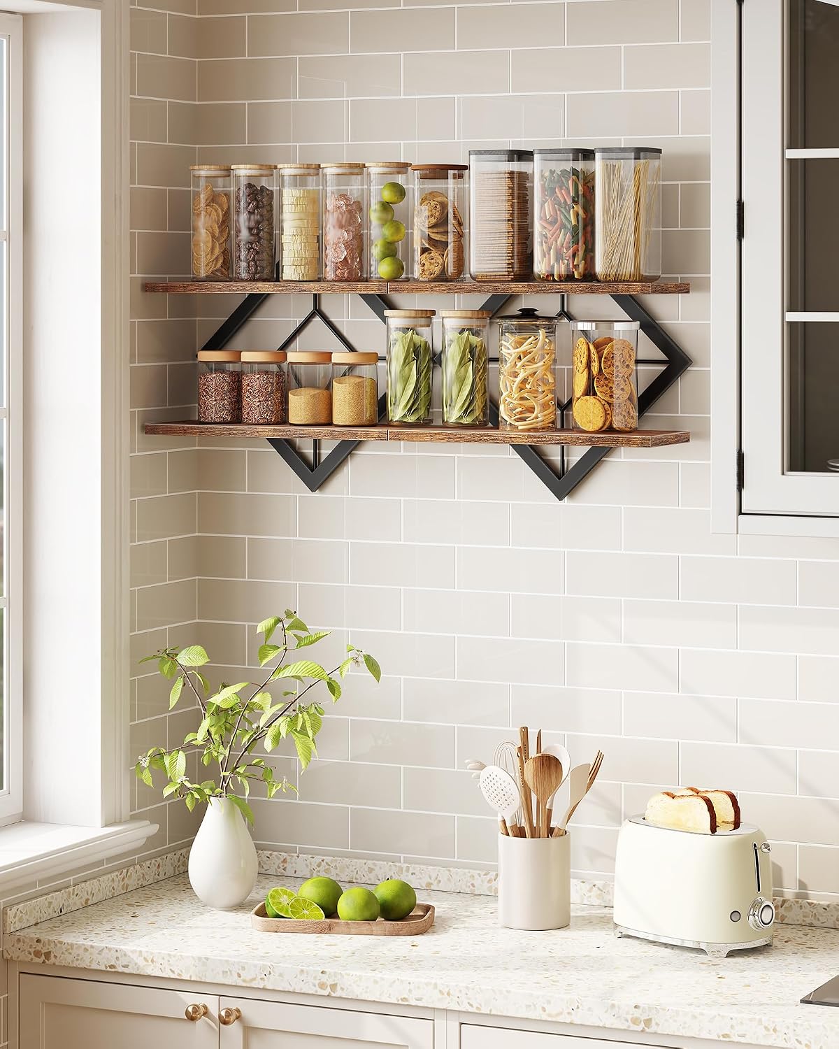 Floating Shelves Set of 2, Diamond-Shaped Wall Shelf, Rustic Brown