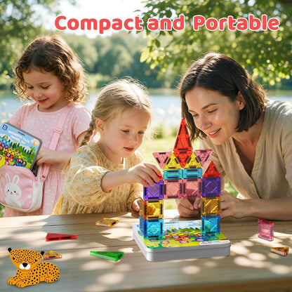 ACELIFE Magnetic Tiles 60Pcs, Animal Jungle Magnetic Travel Toy for Kids, Montessori Portable STEM Mini Magnetic Tiles Travel Set Birthday Gift for Boys Girls Ages 3-8