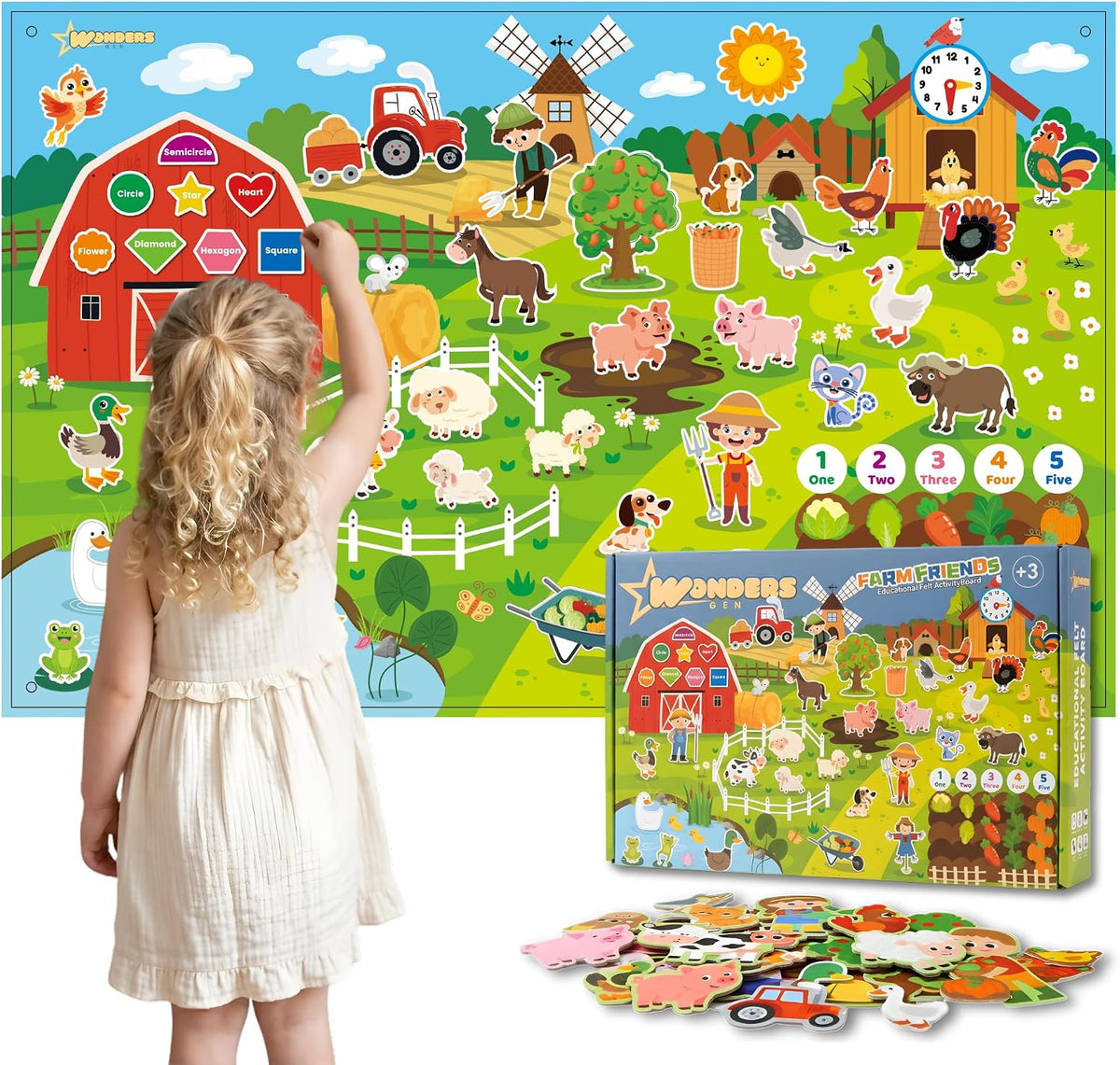 Felt Story Board for Toddlers, Farm Animals Busy Board, Montessori Preschool Learning Toy, Interactive Wall Activity Board, 43 Pcs Felt Set, Large 109 x 71 cm, Educational Storytelling Toy Gift
