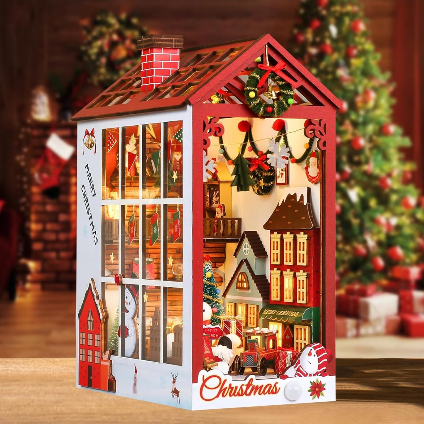 Book Nook, Christmas Miniature House Kit, 3D Puzzle Bookshelf Decoration with LED Light Dollhouse Gift Booknook Kit for Adults