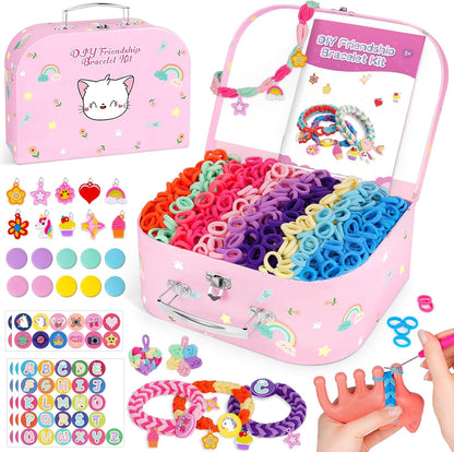 Arts and Crafts for Kids, Friendship Bracelet Making Kit Girls Birthday Presents 5 6 7 8 9 10 Year Old Girls Gifts Kids Craft Set Cotton Rainbow Loom Band Kit with Charms Toys