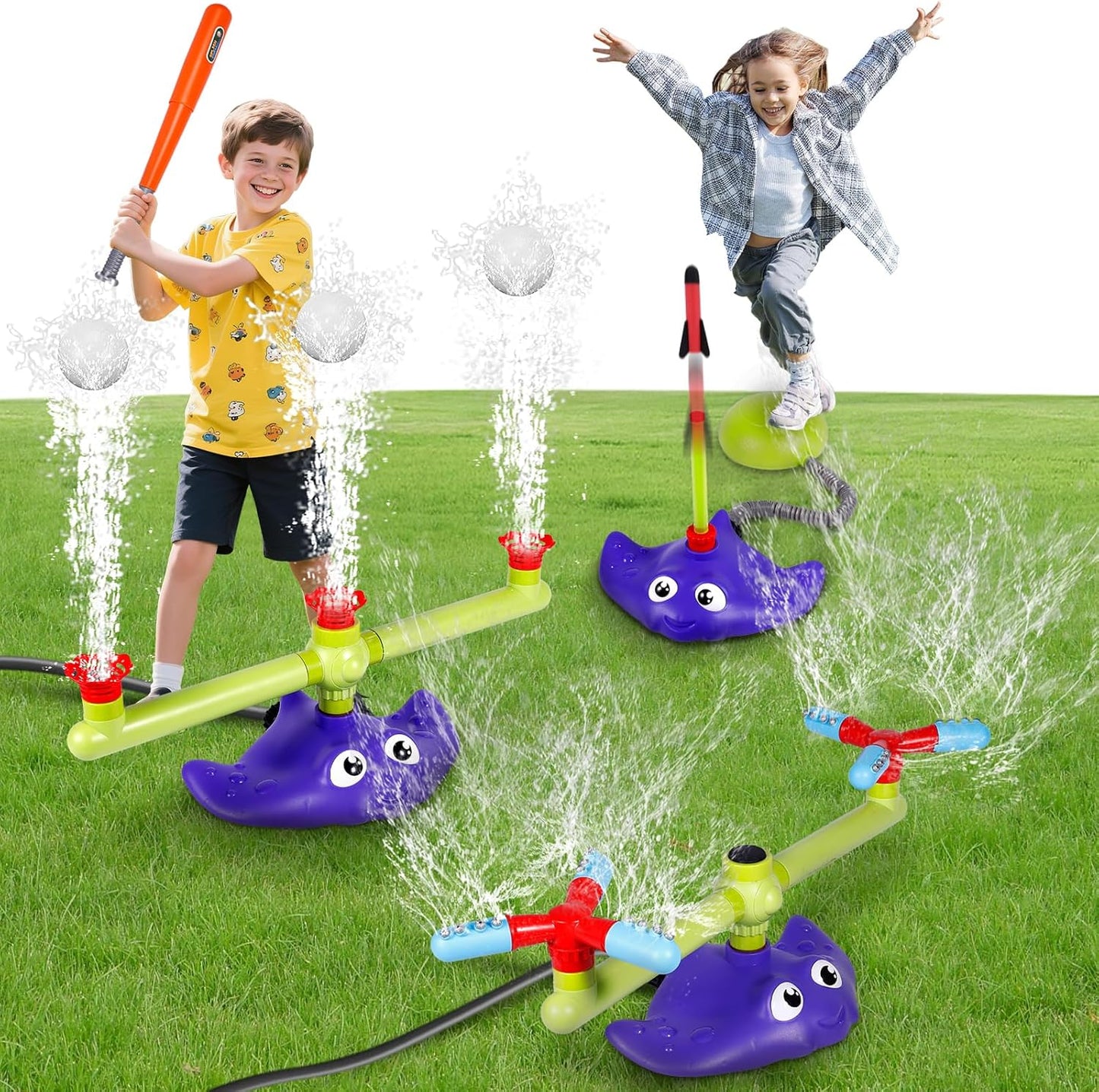 4-in-1 Water Sprinkler Baseball & Rocket Launcher for Kids