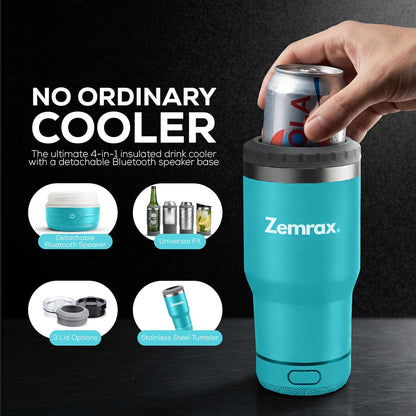 Can Cooler - 4 in 1 Double Insulated Can & Bottle Chiller | Stainless Steel Drink Tumbler | Beverage Holder with Bluetooth Speaker