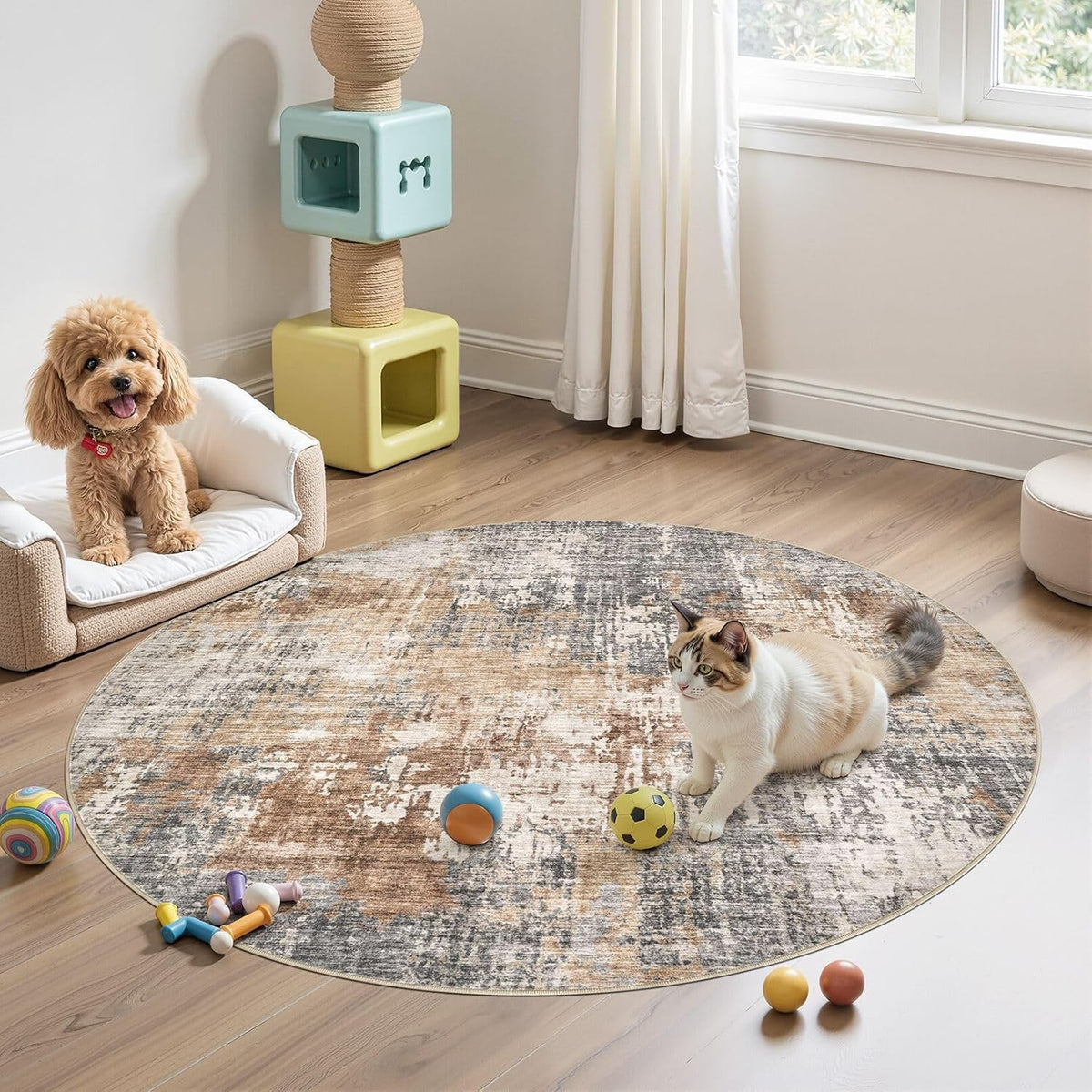 DMOYEST Round Rugs Living Room 135x135cm Washable Abstract Grey Brown
