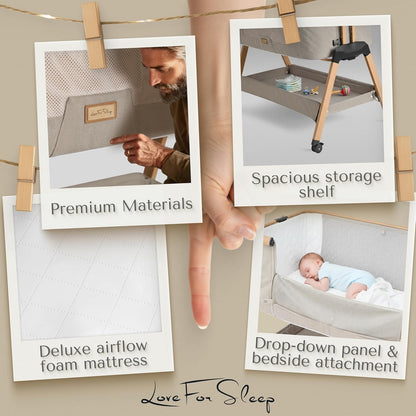 SnooBee Next To Me Bedside Crib & Baby Co-Sleeper – 6 Height Levels, Wheels, Quilted Mattress, Breathable Mesh Sides with Mosquito Net, Foldable Baby Cot with Carry Bag (0–6 Months) - Khaki/Pine