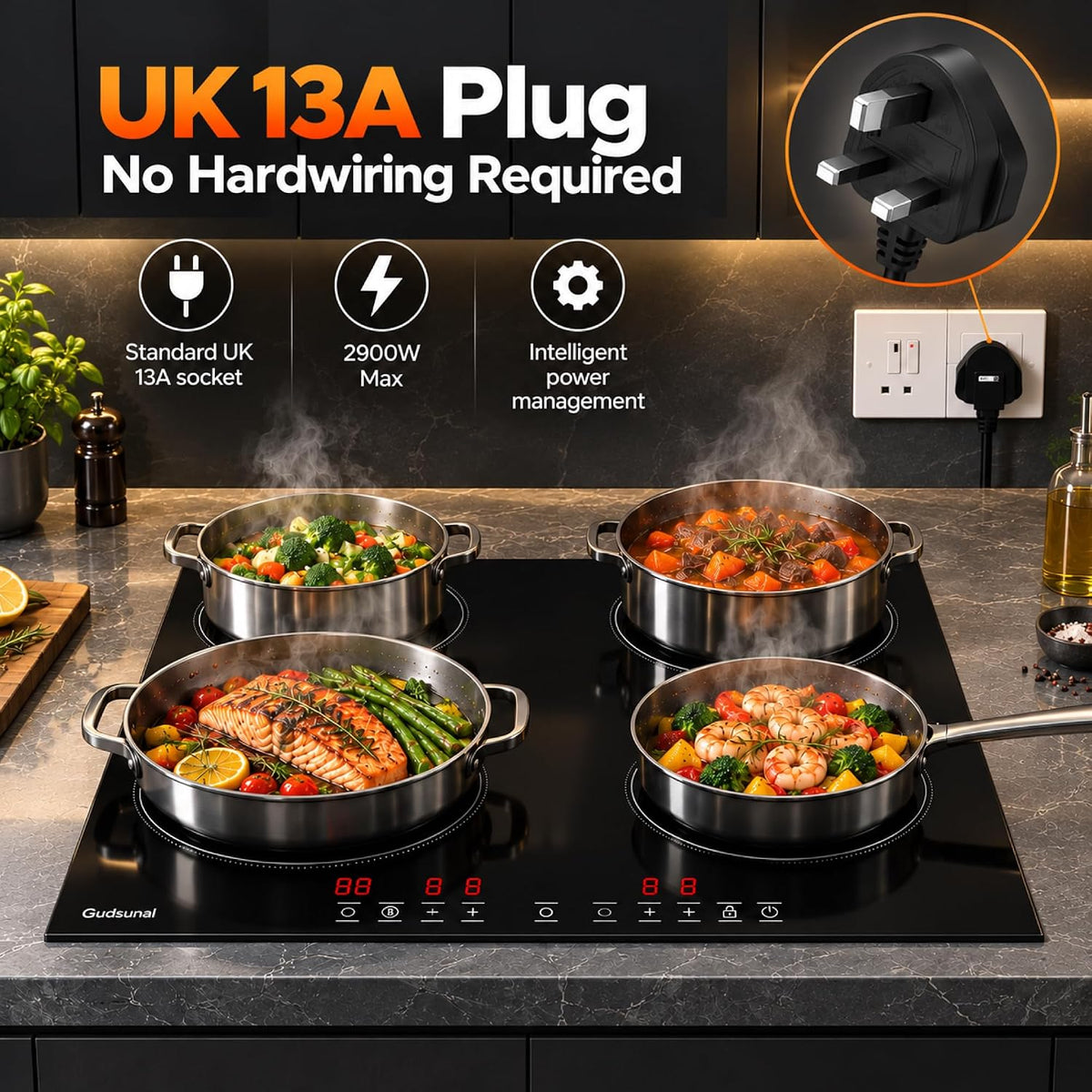 Plug in Induction Hob,4 Zone Electric Hob,Scratch-Resistant Glass