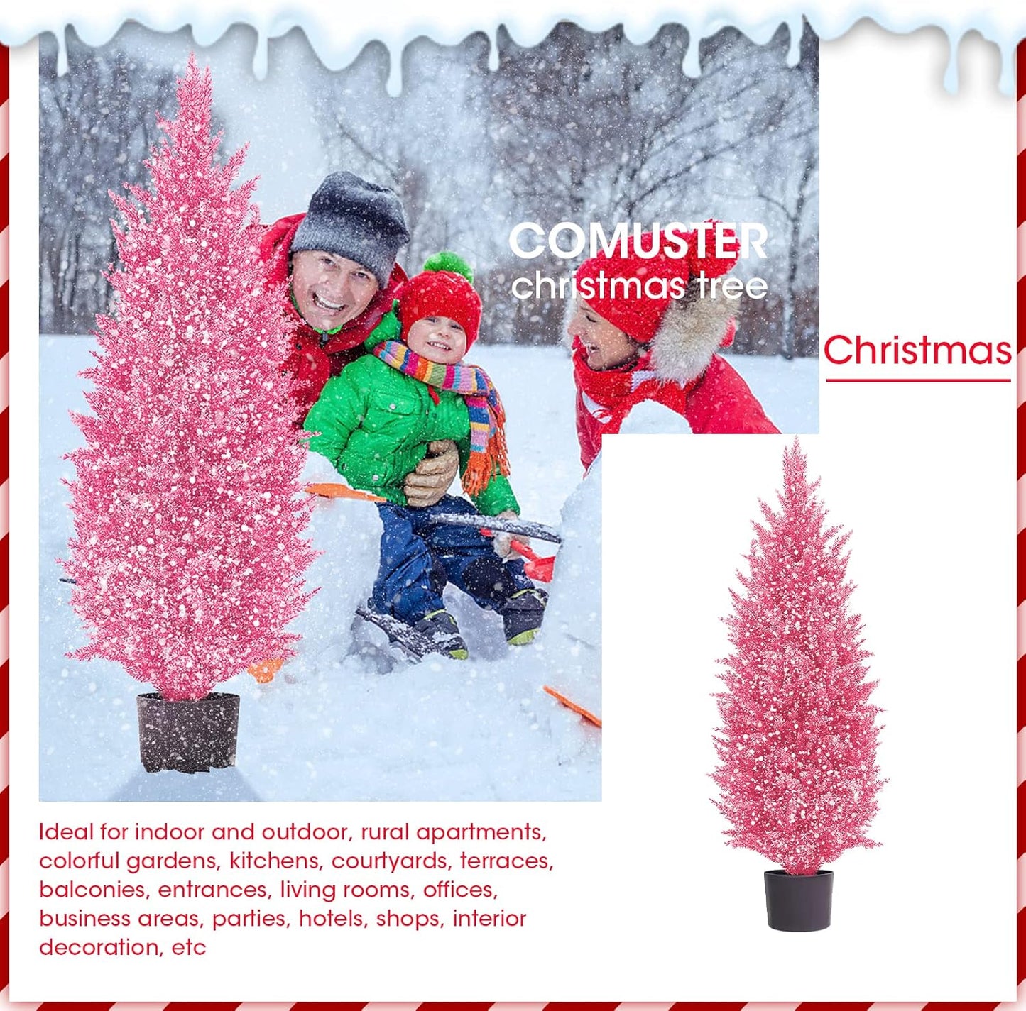 OLIYA with Snowflakes 34.8 Inch Simulation Pink Cedar Potted Tree-UV Pink Christmas Tree-Indoor and Outdoor Home Garden Decoration (1Pcs)